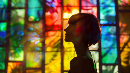 Ethereal Elegance: A Silhouette in Stained Glass - obrazy, fototapety, plakaty
