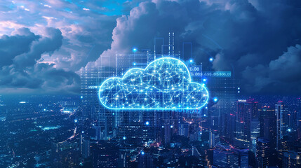 city skyline with data streams flowing into a centralized cloud computing platform symbolizing the role of cloud technology in powering smart cities and enabling data-driven