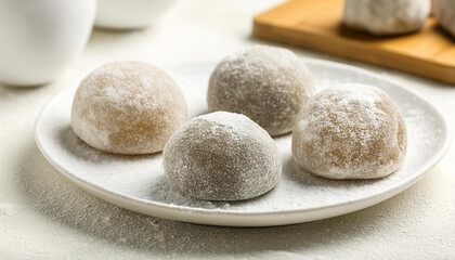 Delicious mochi on plate. Traditional Japanese dessert. Rice cake. Sweet and tasty food.