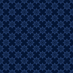 Vector abstract geometric seamless pattern. Simple elegant ethnic texture with ornamental grid, flower shapes, stars. Tribal ethnic motif. Dark blue folk style background. Subtle repeating geo design