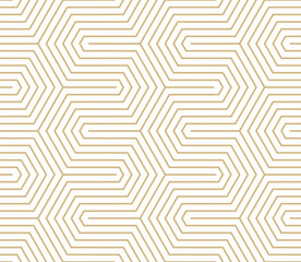 Modern vector geometric seamless pattern with thin lines, hexagon grid, quirky stripes. Gold and white abstract background. Simple trendy minimalist linear texture. Golden repeated minimal geo design