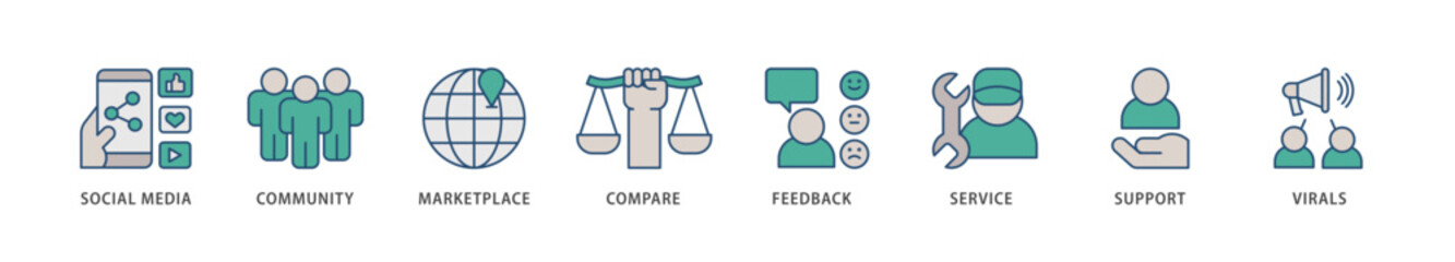 Social commerce icons set collection illustration of social media, community, marketplace, compare, feedback, service, support and virals icon live stroke and easy to edit 