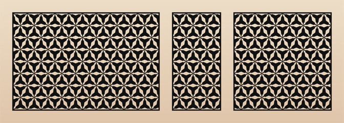 Laser cut panel design. Vector pattern with ornamental grid, mesh, triangles, abstract lattice, floral silhouettes. Template for CNC cutting of wood, metal, plastic, paper. Aspect ratio  3:2, 1:1, 1:2