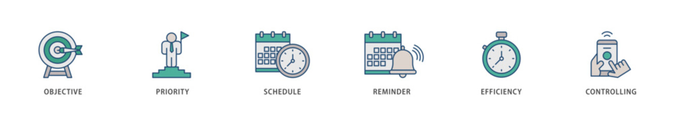 Time management icons set collection illustration of objective, priority, schedule, reminder, efficiency, alerts, and controlling icon live stroke and easy to edit 