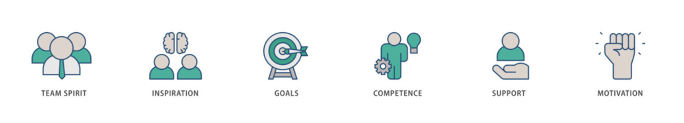 Team building icons set collection illustration of team spirit, inspiration, goals, competence, support, and motivation icon live stroke and easy to edit 