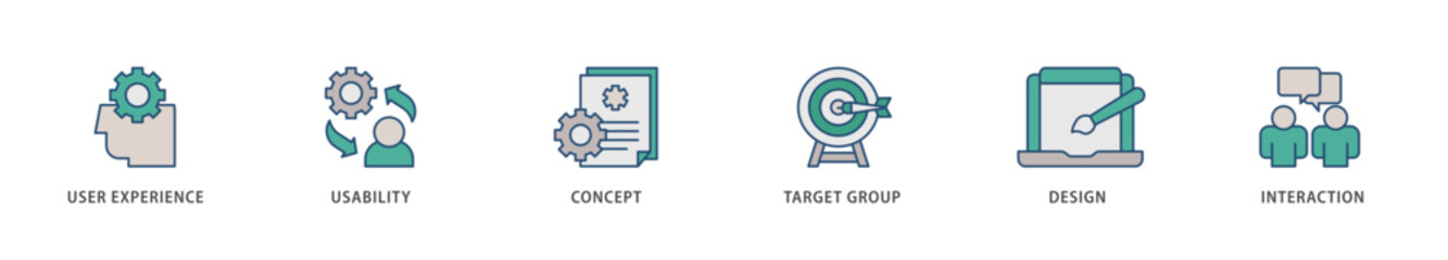 User interface design icons set collection illustration of target group, interaction, design, concept, usability, user experience icon live stroke and easy to edit 