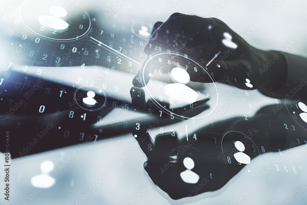 Poster Double exposure of social network icons concept and hand working with a digital tablet on background. Networking concept