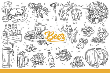 Bavarian beer in bottles with mugs with foam near appetizers of BBQ sausages or seafood. Set of alcoholic cold beer or pint of hops for cool party on eve of oktoberfest. Hand drawn doodle