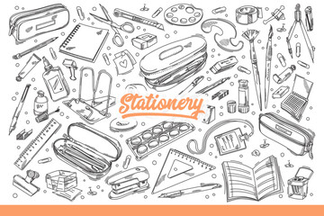 Stationary for school and college students or office employees doing paperwork. Stationary for writing conspectus and preparing reports or drawing artwork or taking notes. Hand drawn doodle