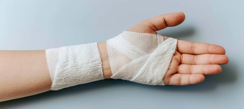Woman with hand injury in white gauze bandage for medical treatment and first aid care