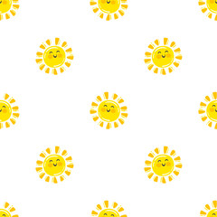 Hand drawn vector illustration. Dot by dot seamless pattern with smiling sun on white background