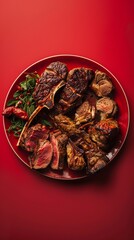 meat dish on red background.
