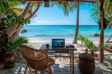 Laptop on a desk on a paradisiacal beach, photo of remote work, digital nomad