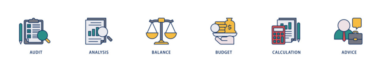 Accounting icons set collection illustration of audit, analysis, balance, budget, calculation, and advice icon live stroke and easy to edit 