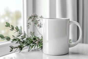 White Blank Mug Mockup in Photographic Scene created with Generative AI