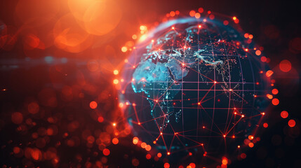 Obraz premium Visual representation of interconnected global network communications through digital globe with lines and dots.