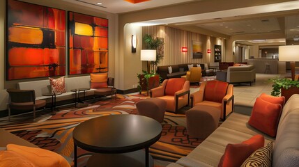 An inviting hotel lobby with comfortable seating areas and modern d?(C)cor.