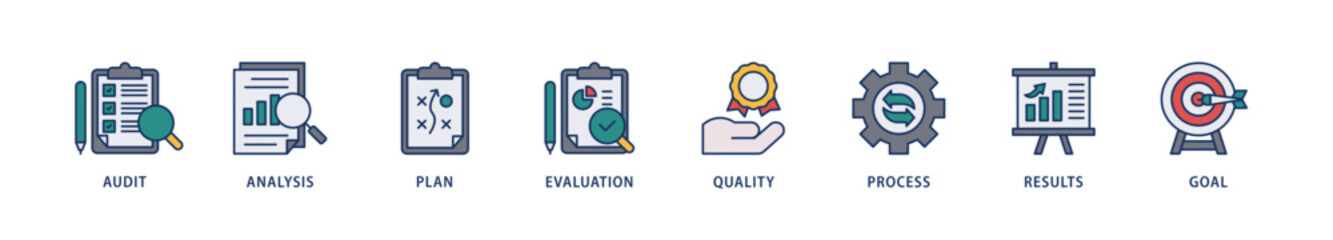 Assessment center icons set collection illustration of audit, analysis, plan, evaluation, quality,process,results and goal  icon live stroke and easy to edit 