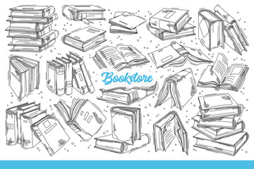 Bookstore inscription among books with fantastic literature or romantic stories. Hand drawn doodle. Background of open or closed books with educational information for school students