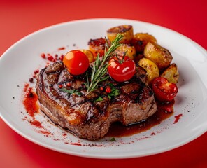 meat dish on red background.