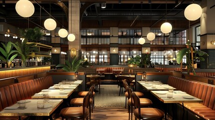 A chic restaurant design featuring a mix of booth and table seating.