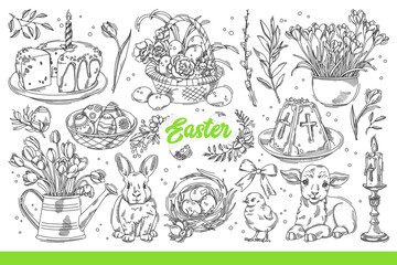 Easter eggs and pastries near flowers or animals symbolizing religious holiday. Traditional beautiful easter set for christian day, anniversary of resurrection of jesus. Hand drawn doodle