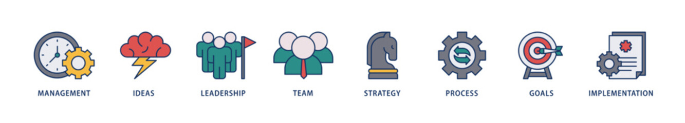 Business icons set collection illustration of management, ideas, leadership, team, strategy, process, goals, and implementation icon live stroke and easy to edit 