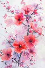 Watercolor painting of flowers in shades of pink and purple on white background. ai generated