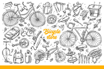 Bicycle spare parts and equipment for cycling in park, for advertising store for cyclists. Background with ready bikes or tools for repairing and restoring broken bike. Hand drawn doodle