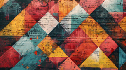 A modern and vibrant display of graffiti art featuring geometric patterns and digital motifs, showcasing creativity and urban culture in a metropolitan setting.