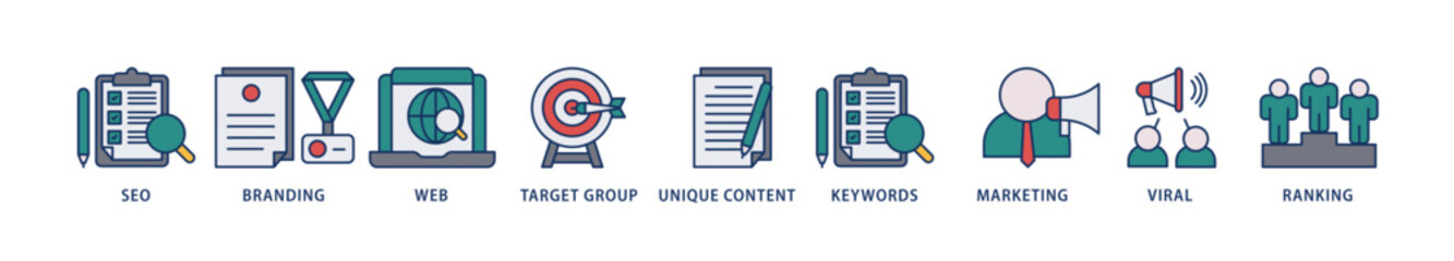 Content is king icons set collection illustration of seo, branding, web, target group, unique content, keywords, marketing, viral and ranking icon live stroke and easy to edit 