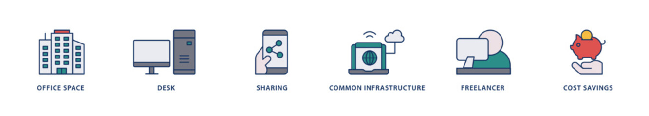 Coworking icons set collection illustration of office space, desk, sharing, common infrastructure, freelancer, and cost savings icon live stroke and easy to edit 