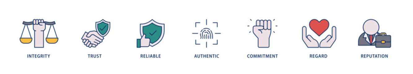 Credibility icons set collection illustration of integrity, trust, reliable, authentic, commitment, regard, and reputation icon live stroke and easy to edit 