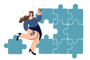 Business woman builds solid corporate structure from puzzle pieces, demonstrating management skills