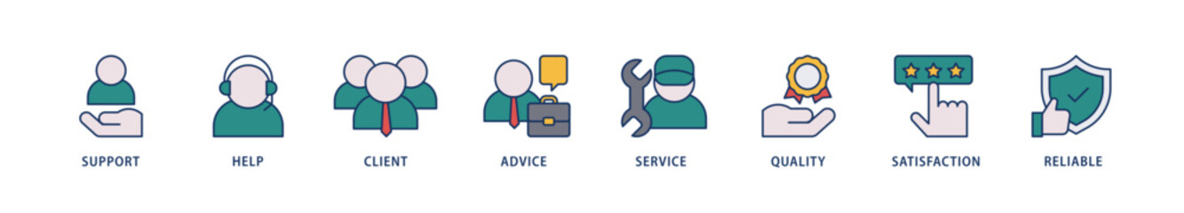 Customer care icons set collection illustration of help, client, advice, chat, service, reliability, quality, and satisfaction icon live stroke and easy to edit 