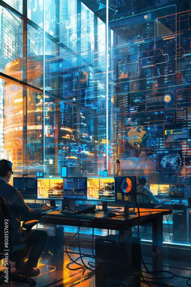 Poster modern office team using collaborative technology and shared digital workspaces.