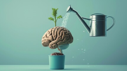 Growing Brain. Watering the Brain. Mental Health concept. Take care of oneself concept. Selfcare Growth. Self esteem. Generative AI.