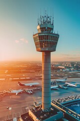 Airport control tower with departing airplane on blurred background, space for text - obrazy, fototapety, plakaty
