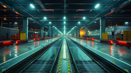 Overview of a large, automated warehouse conveyer belt system showcasing scale and efficiency