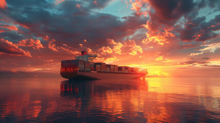 A serene sunset scene of a cargo ship filled with containers reflecting on calm sea waters.