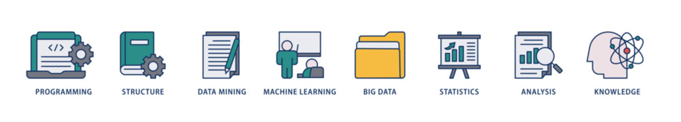 Data science icons set collection illustration of data, classification, analyze, statistics, solving, decision and knowledge icon live stroke and easy to edit 