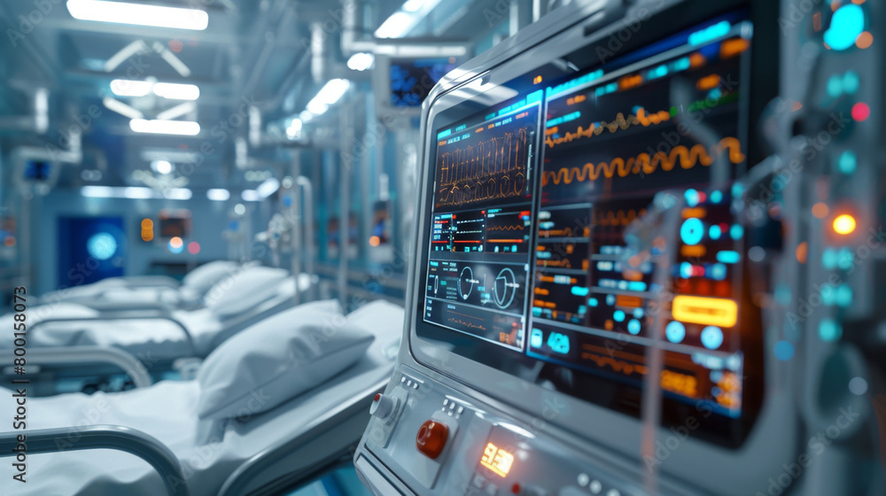 Poster cutting-edge medical device with digital screens and advanced sensors used in a hospital setting