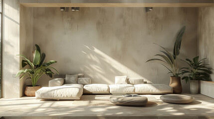A 3D rendering of a living room with a large comfortable couch, plants, and sunlight shining through the window.