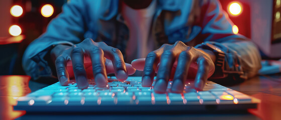 A closeup of a person typing on a backlit keyboard with red and blue lights reflecting on their hands. - obrazy, fototapety, plakaty