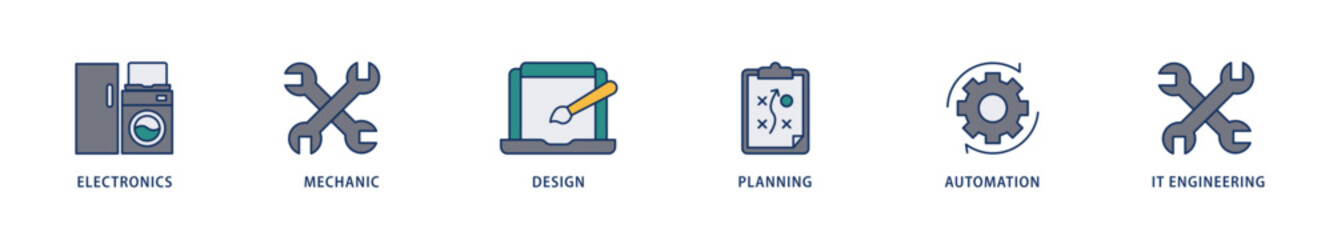 Engineering icons set collection illustration of electronics, mechanic, design, planning, automation and it engineering icon live stroke and easy to edit 