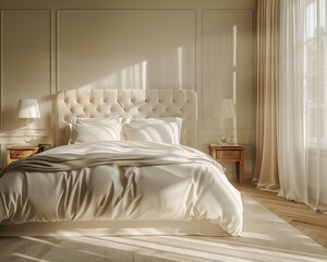 An elegant bedroom with a large bed, two bedside tables, and a soft cream-colored carpet on the...