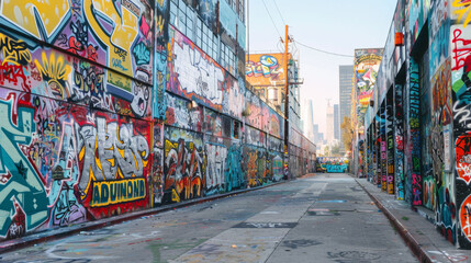 Fototapeta premium The vibrant and diverse world of urban graffiti art, showcasing a mix of styles and colors on a long wall.