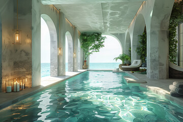An indoor swimming pool with a large window looking out to the ocean.