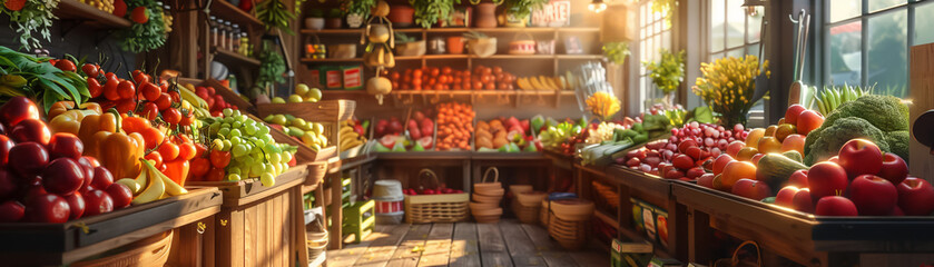 Fototapeta na wymiar An interior of a farmers market with fresh fruits and vegetables on wooden shelves and in baskets.