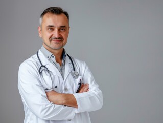 A doctor in a dress shirt with a stethoscope around his neck is standing with his arms crossed, wearing a smile on his face and resting his thumb on his collar